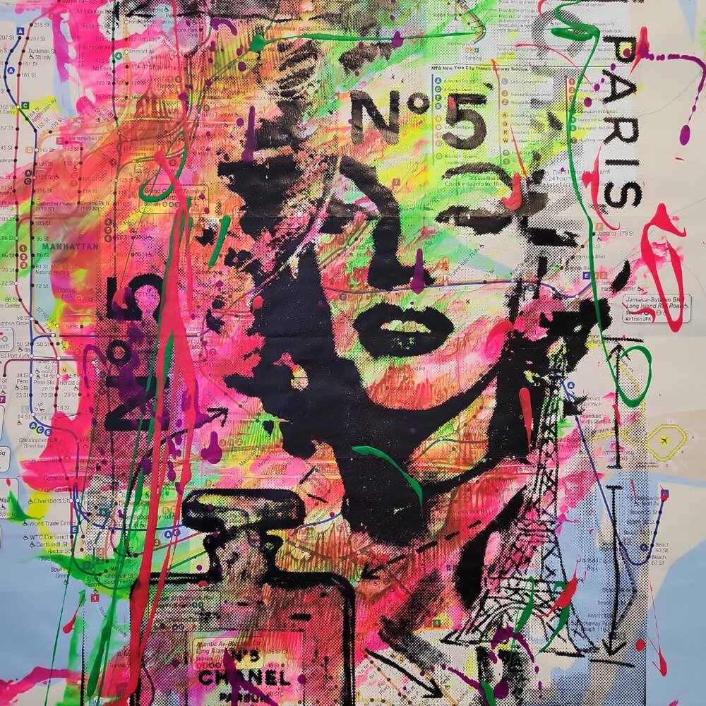 💋 Handpainted  Marilyn Monroe Chanel Acrylic Art Painting on NYC Subway Map - Picture 3 of 7